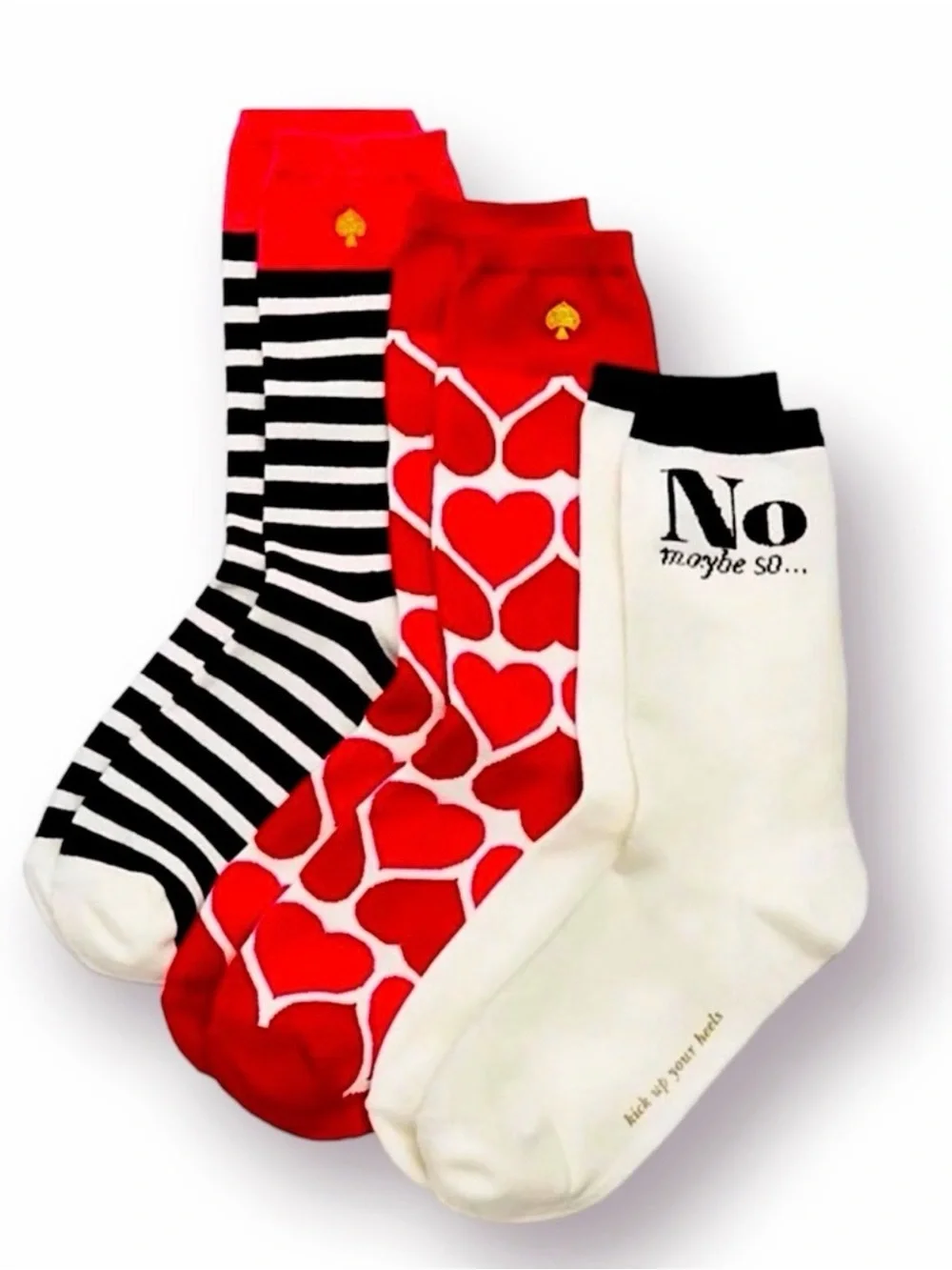 3 pair Kate Spade hearts stripes Yes No Maybe So pink red black crew Socks gift